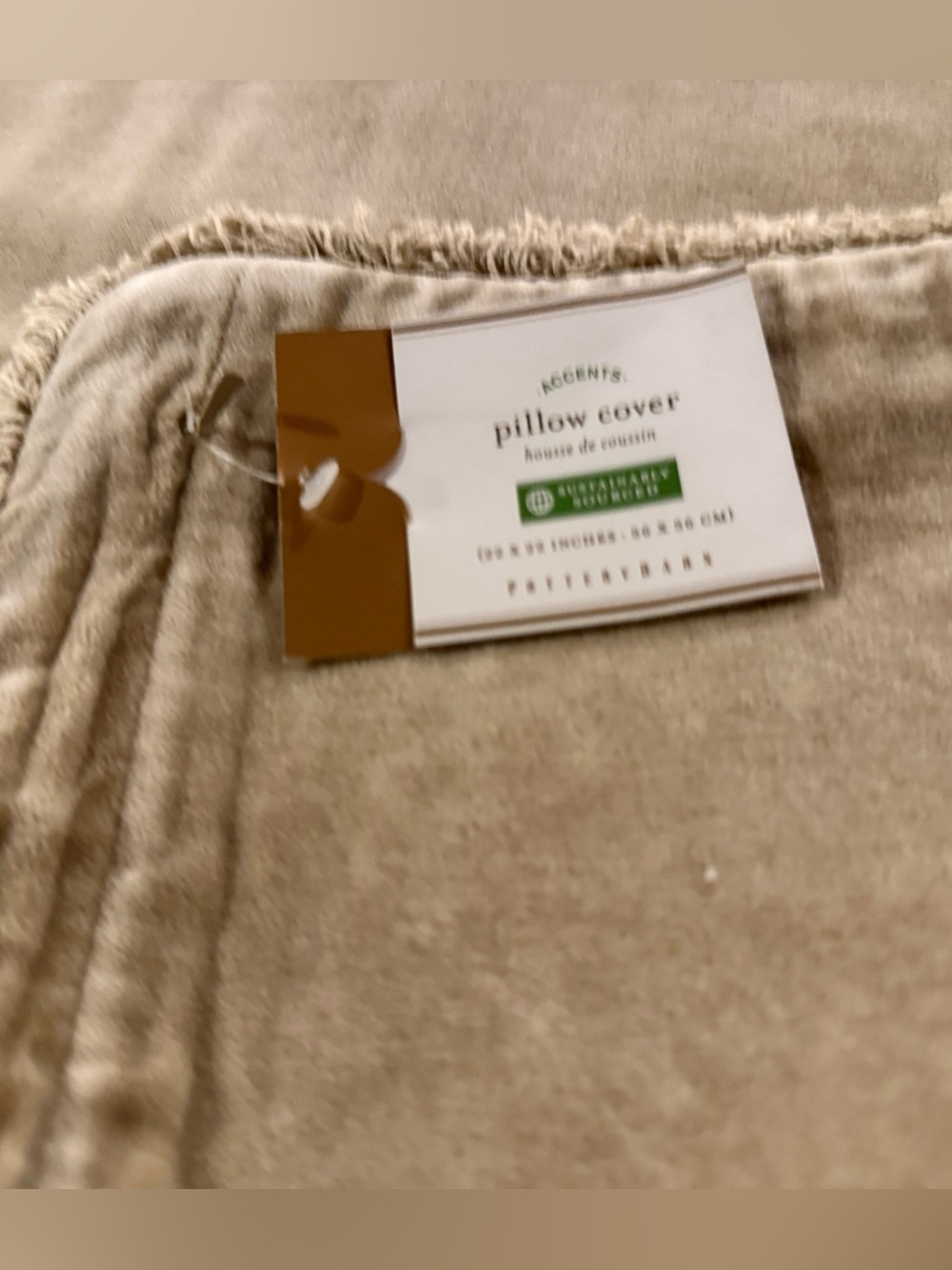 New Pottery Barn Fringed Velvet Pillow Cover, Honey Beige, 22”